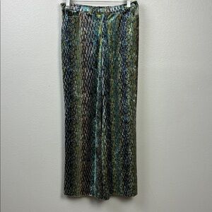 Betsey Johnson Cellephane Snake-print Pants Iridescent Velvet Flare Green RARE L